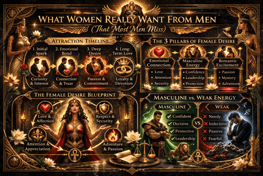 What Women Really Want From Men (That Most Weak Men Miss). Attraction Timeline? 3 pillards of Female Desire. The Female Desire Blueprint. Masculine Vs Week Energy