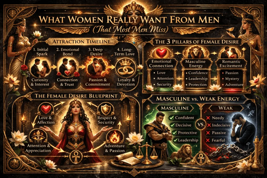 What Women Really Want From Men (That Most Weak Men Miss). Attraction Timeline? 3 pillards of Female Desire. The Female Desire Blueprint. Masculine Vs Week Energy