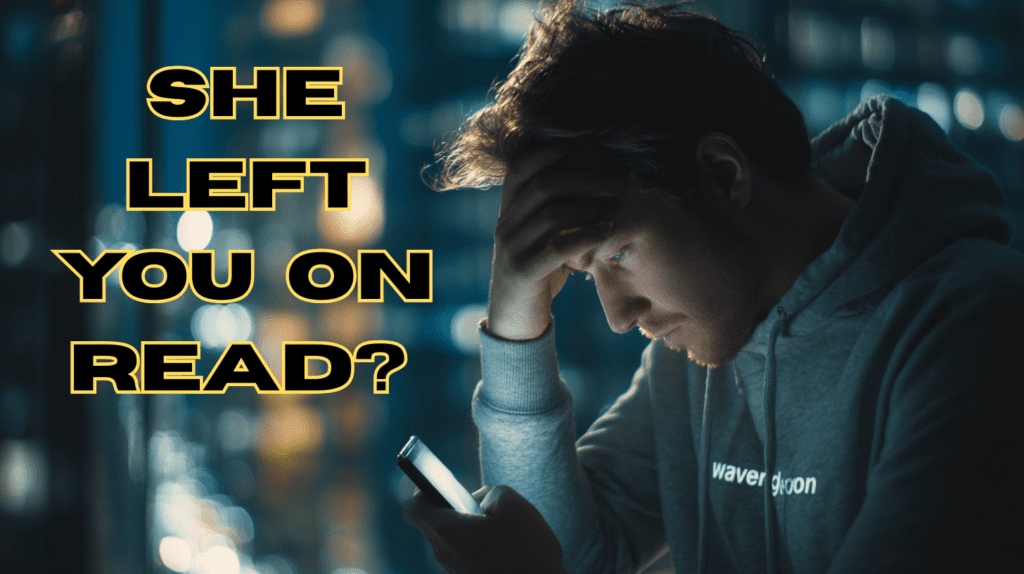 Man looking at phone with “seen” message, frustrated because "she left you on read"