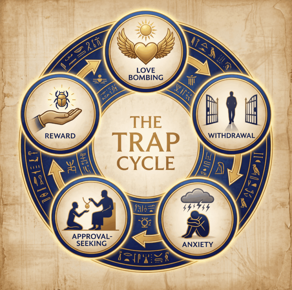 Dark Feminine Psychology: the trap cyrcle. Love Bombing, Withdrawal, Anxiety, Approvale-seeking, Reward.