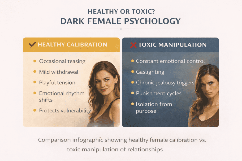 Master Dark Female Psychology: Comparison infographic showing healthy dark female psychology versus toxic emotional manipulation.