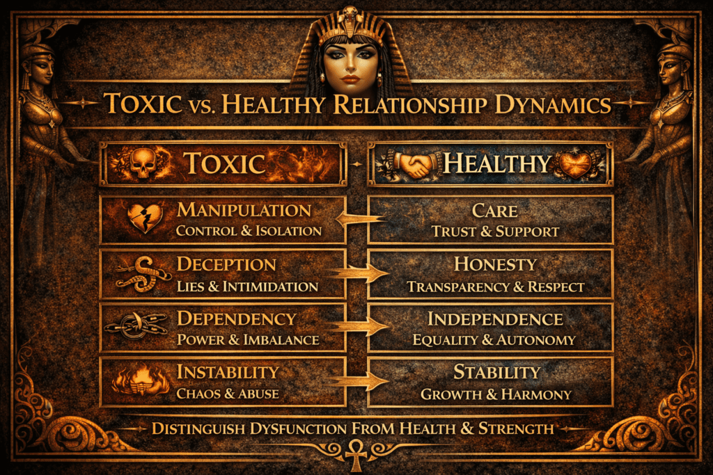 Master Dark Female Psychology: Comparison infographic showing healthy dark female psychology versus toxic emotional manipulation.