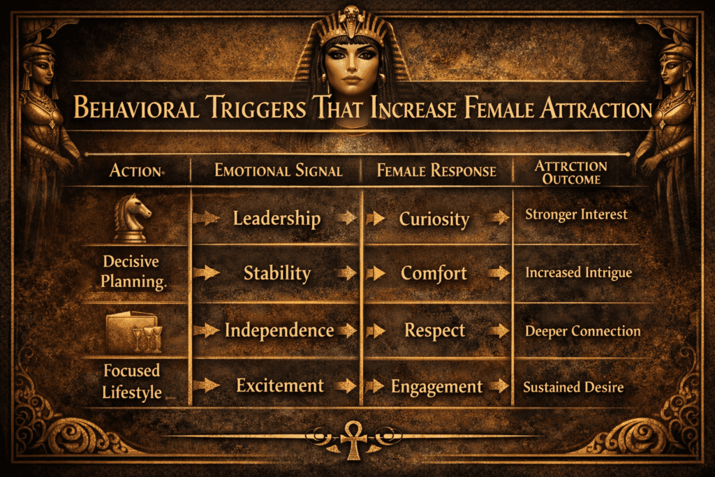 Female Attraction Triggers: Flowchart showing behavioral triggers that increase female attraction: Actions like leadership, stability, independence, and lifestyle lead to emotional responses and attraction outcomes, designed in a Cleopatra-inspired regal style.