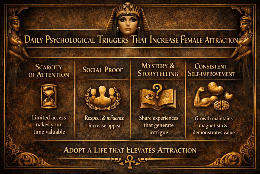 Female Attraction Triggers: Infographic showing daily psychological triggers that increase female attraction: Scarcity of Attention, Social Proof, Mystery & Storytelling, and Consistent Self-Improvement, with Cleopatra-inspired regal design and icons.