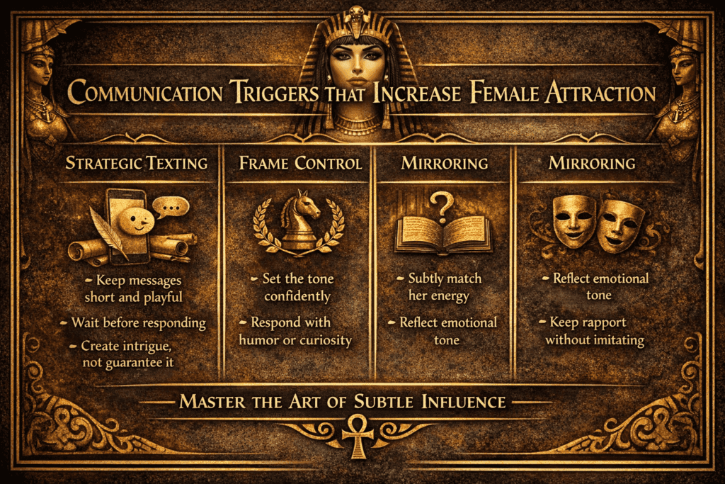 Female Attraction Triggers: Infographic illustrating Strategic Texting, Frame Control, and Mirroring.
