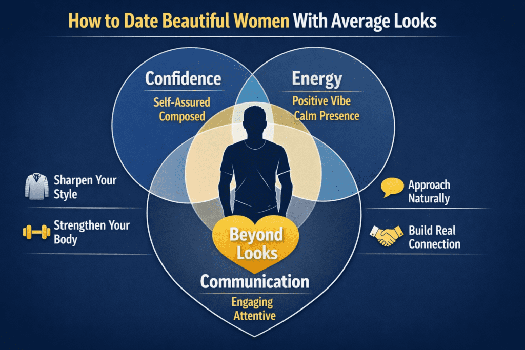 Graphic How to Date Beautiful Women (Even If You Have Average Looks). Looks are not just bone structure. Presentation amplifies perception.A sharp haircut.Well-fitted clothes.Lower body fat.Stronger posture.Calm eye contact.Clean grooming.