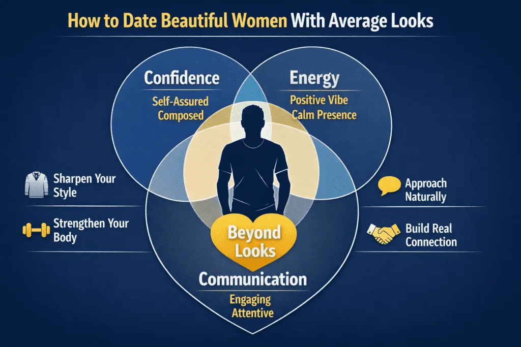 Graphic How to Date Beautiful Women (Even If You Have Average Looks). Looks are not just bone structure. Presentation amplifies perception.A sharp haircut.Well-fitted clothes.Lower body fat.Stronger posture.Calm eye contact.Clean grooming.