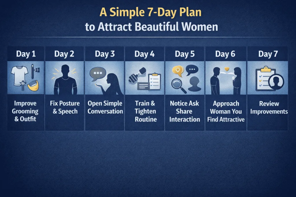 How to Date Beautiful Women (Even If You Have Average Looks).Use this 7-day plan to train your presence, energy, and social skills. Diagram.