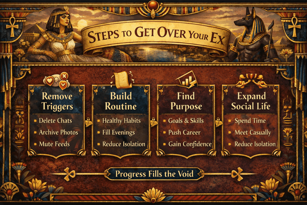 How to Get Over Your Ex: infographic showing steps to get over your ex: remove triggers, build routine, find purpose, expand social life.
