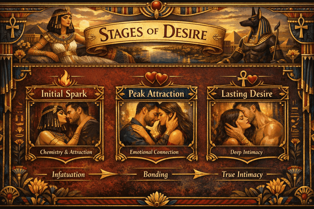 How to Get Over Your Ex: infographic showing stages of romantic attachment: initial spark, peak attraction, and lasting desire.