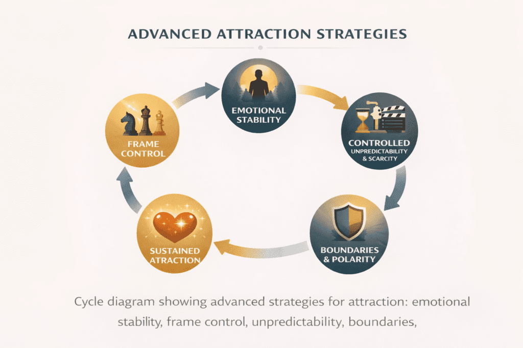 Mastering Dark Female Psychology: Cycle diagram showing advanced strategies for attraction: emotional stability, frame control, unpredictability, boundaries, and sustained female attraction.