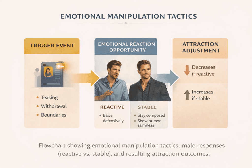 Mastering Dark Female Psychology: Flowchart showing emotional manipulation tactics, male responses, and attraction outcomes.