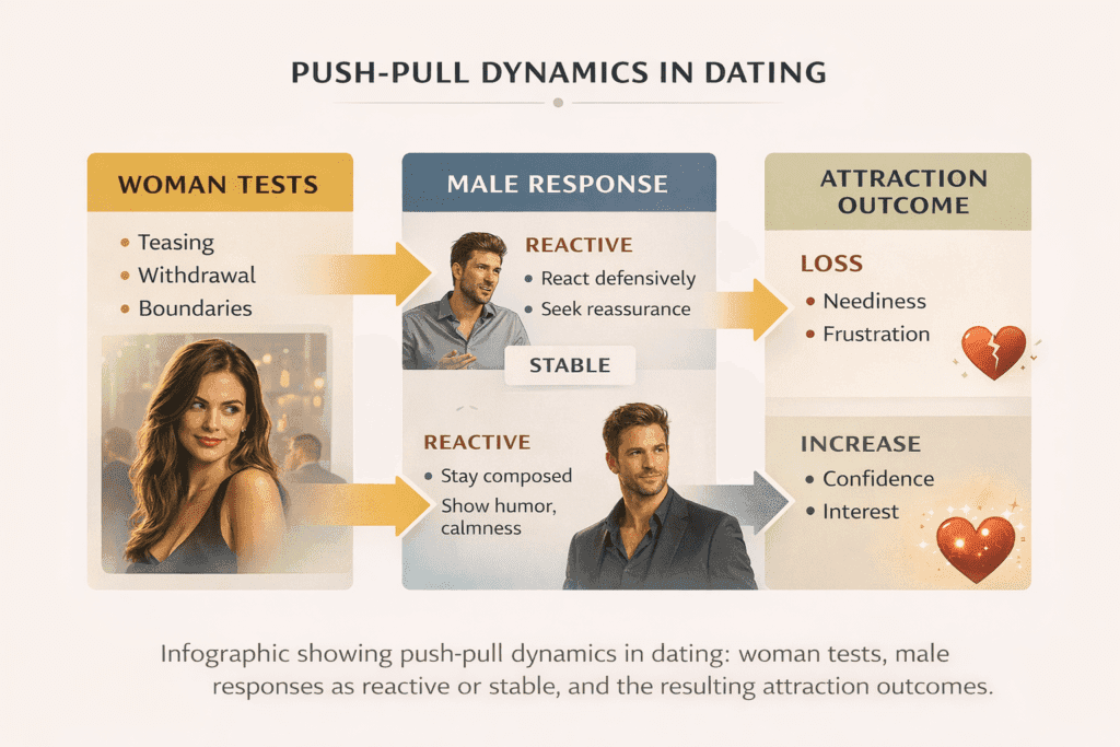 Mastering Dark Female Psychology: Infographic showing push-pull dynamics in dating: woman tests, male responses, and attraction outcomes.