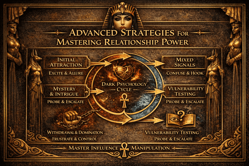 Mastering Dark Female Psychology: Cycle diagram showing advanced strategies for attraction: emotional stability, frame control, unpredictability, boundaries, and sustained female attraction.