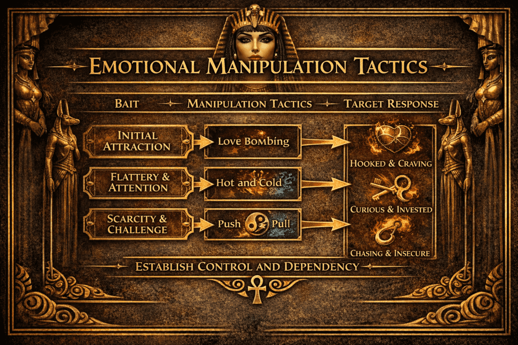Mastering Dark Female Psychology: Flowchart showing emotional manipulation tactics, male responses, and attraction outcomes.