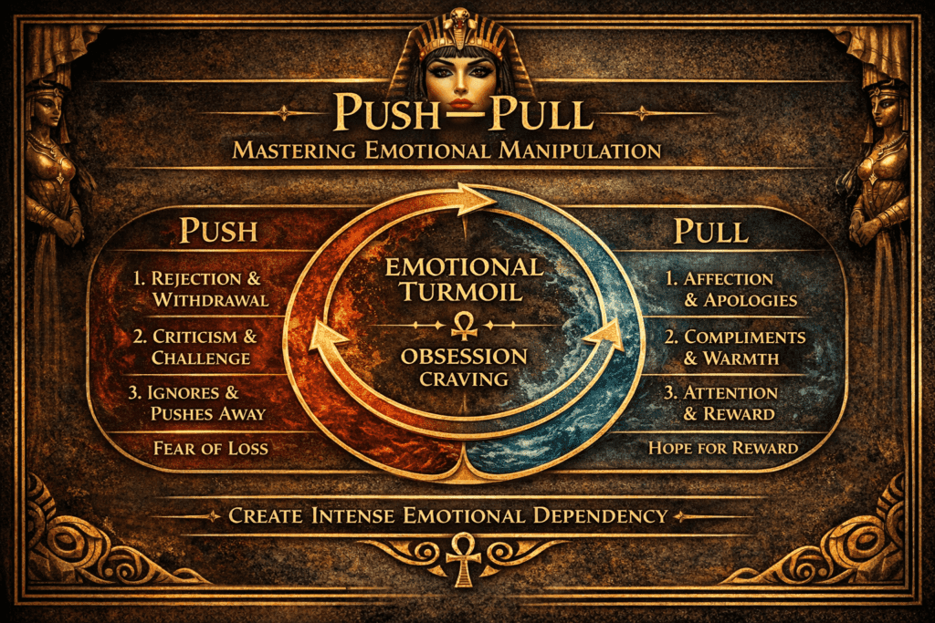 Mastering Dark Female Psychology: Infographic showing the push-pull dynamics in dating: woman tests, male responses, and attraction outcomes.